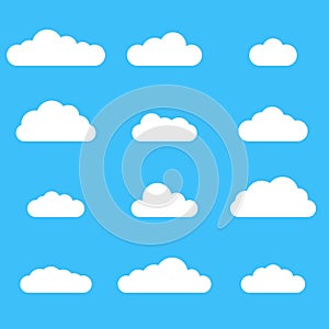 Clouds icon set. Different cloud shapes isolated on the blue sky background. Vector illustration.